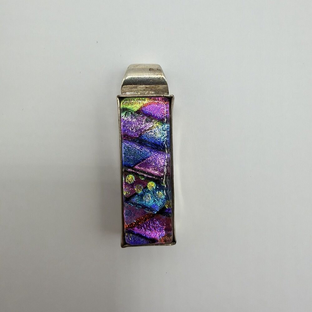 925 Sterling Silver Dichroic Fused Art Glass Rectangle Pendant 13.3g